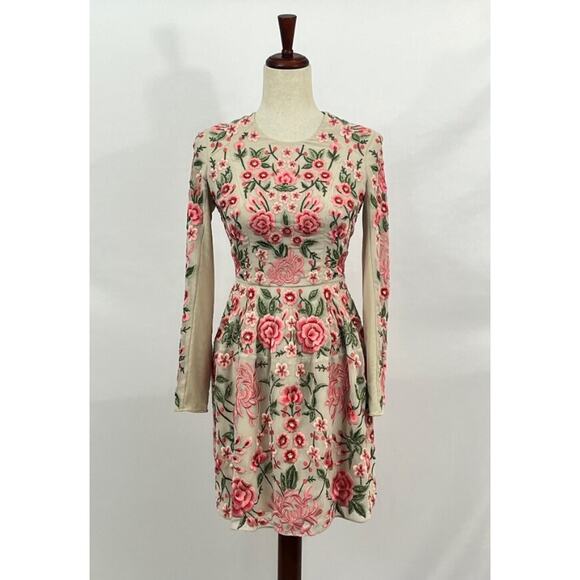 NEEDLE & THREAD Sz 0 US Embroidered Beige Pink Floral Mini Dress - Picture 7 of 10
